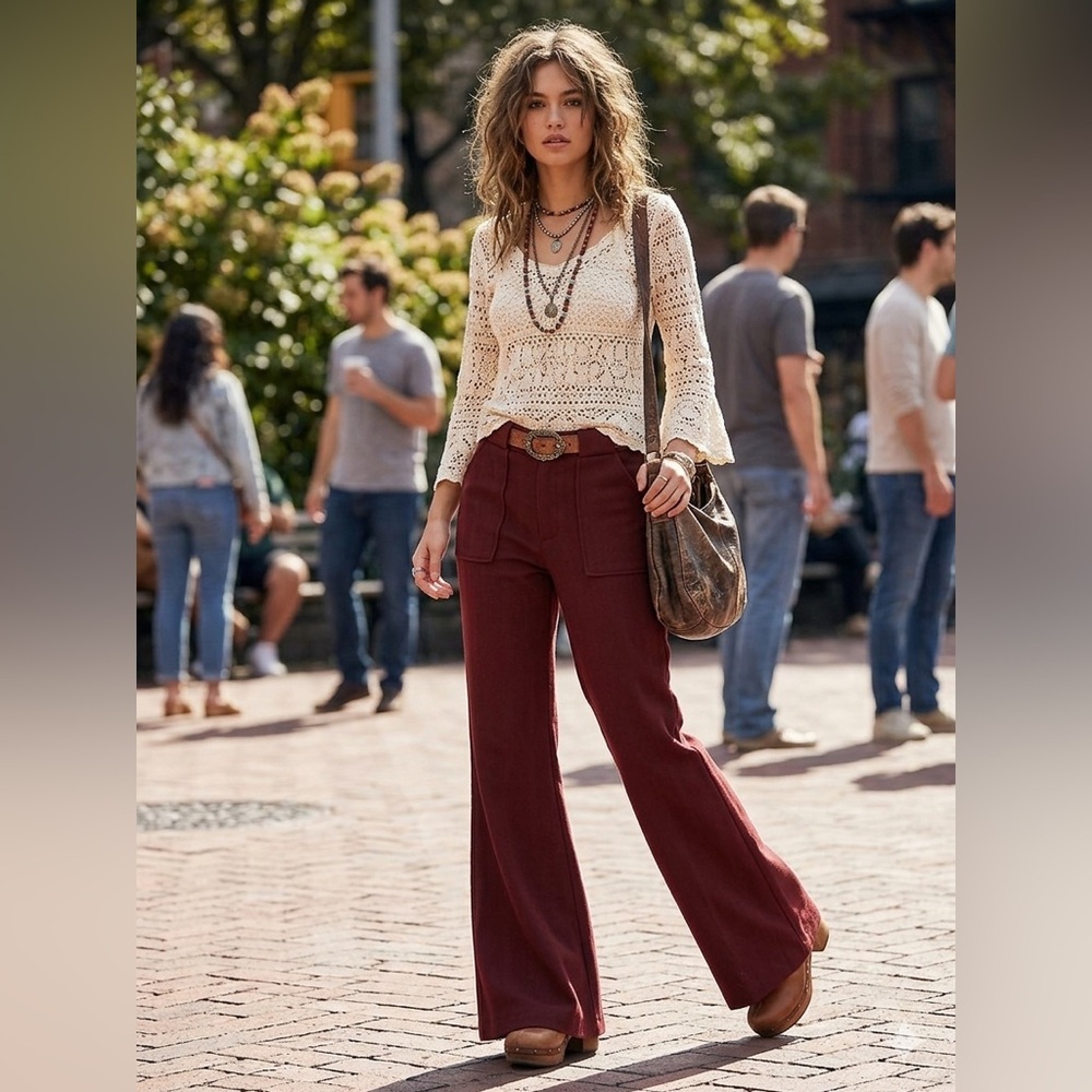 Free People Flare Wide-Leg Pants High Rise Wine Y2K Size 2 Woman’s - Picture 3 of 11